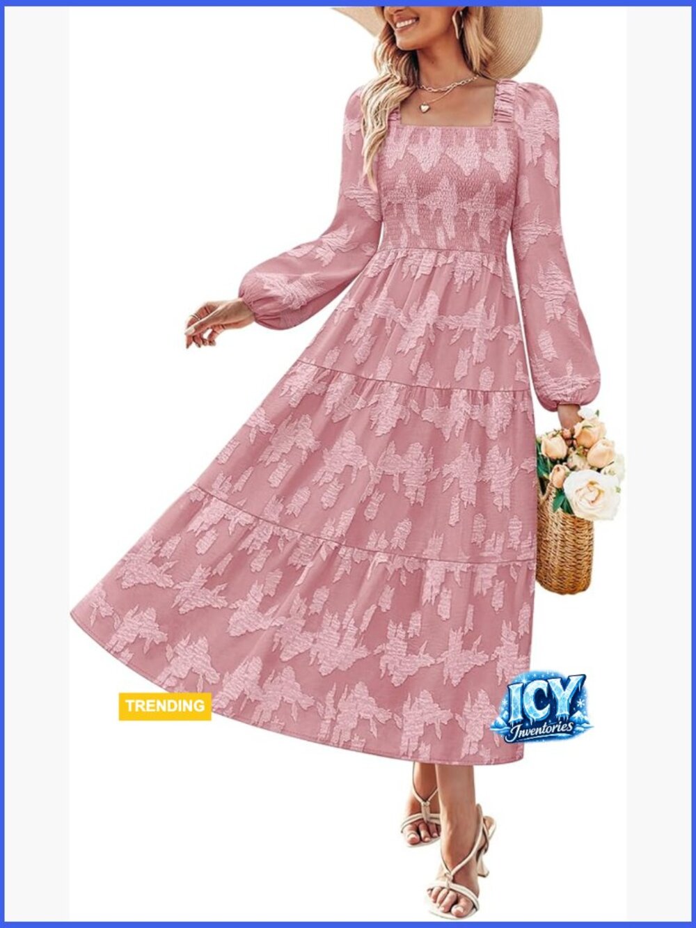 Long Sleeve Floral Midi Dress Smocked Flowy Wedding Guest Vacation
